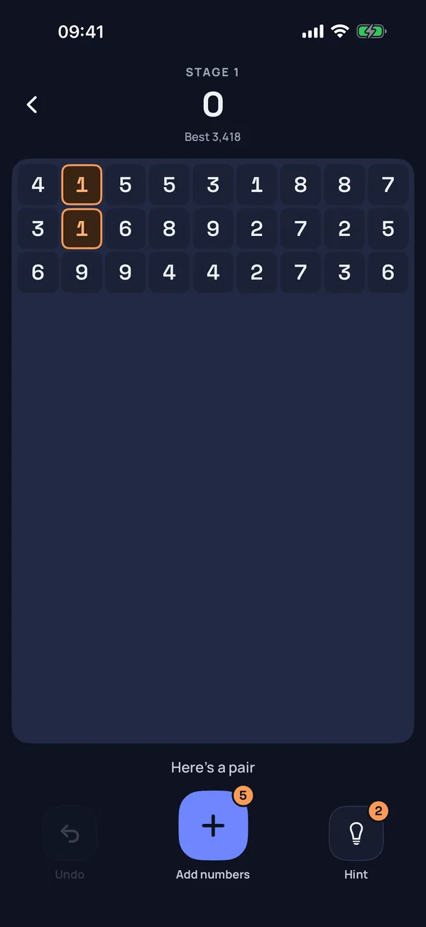 A game in dark mode, with a hint highlighting a pair of ones