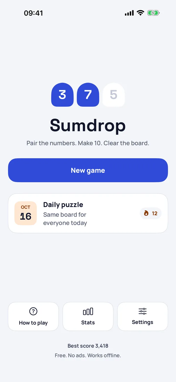 The Sumdrop home screen, with New game and the Daily puzzle
