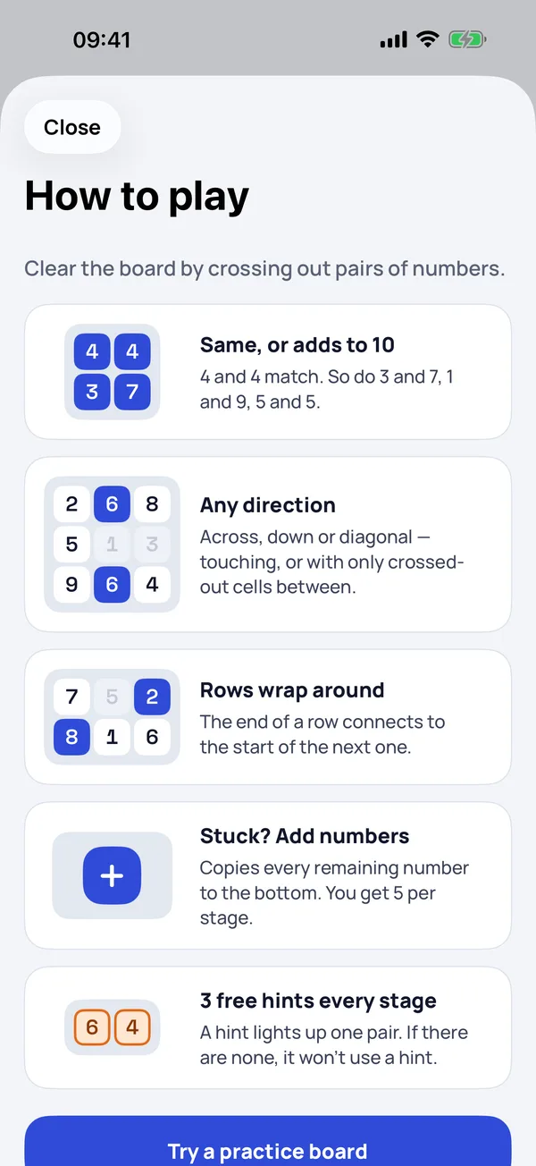 How to play: same numbers or pairs that add to 10, in any direction