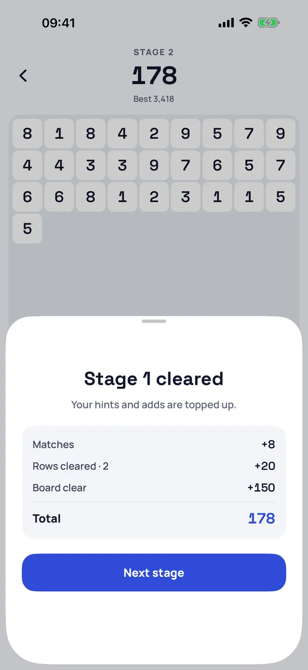The Stage cleared summary, scoring matches, rows and the board clear